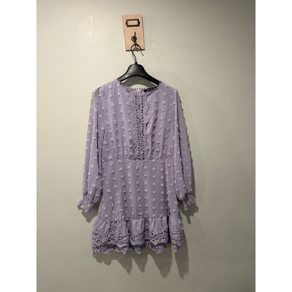 Simplee Lavender Swiss Dot Mini Dress Crochet Lace Trim Long Sleeve Purple M
